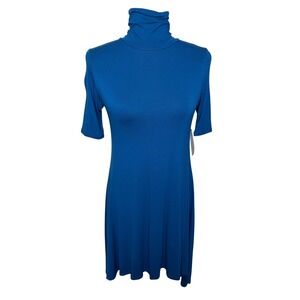 Velvet Torch Blue Mock Neck Short Sleeve Swing Dress Small NWT Minimalist Modest